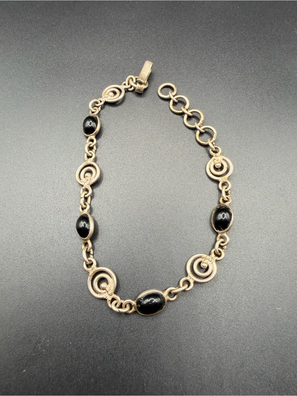 Vintage Silver Tone Black Stone Hook Bracelet Multiple Sizes Jewelry Swirls